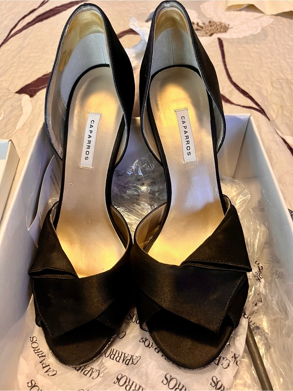 Caparros Black Satin Tracey Open-Toe Heels
